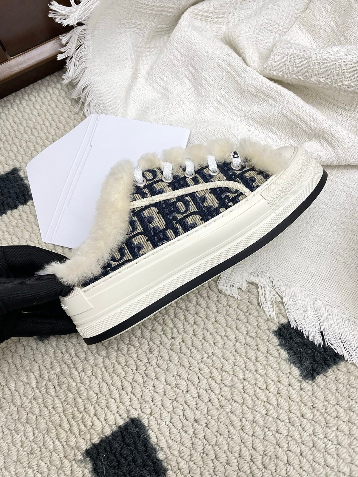 CD Walk'n Dior Platform Sneaker Black Beige Oblique Motif Fabric Wool