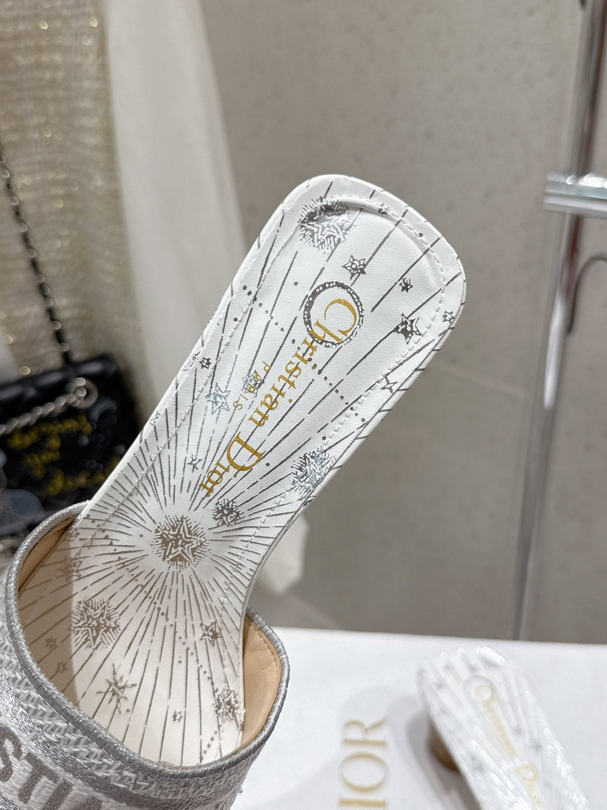 CD 26s Embroidered Flat Slippers White Gray Canvas Leather 636396