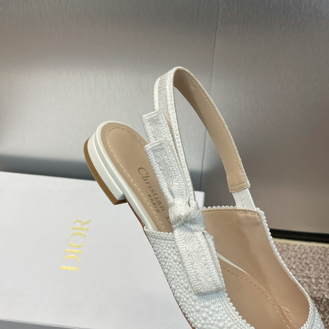 cd slingback flat embroidered cotton white calfskin resin pearl