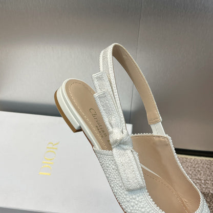 cd slingback flat embroidered cotton white calfskin resin pearl