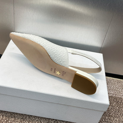cd slingback flat embroidered cotton white calfskin resin pearl