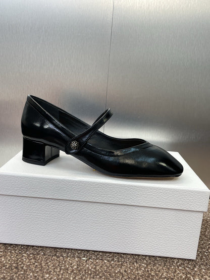 CD Chunky Heel Round Toe Ballet Black Patent Leather 524205