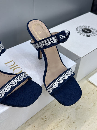 CD 26s Heeled Sandal 10cm Navy Blue Beige Leather Fabric 633070