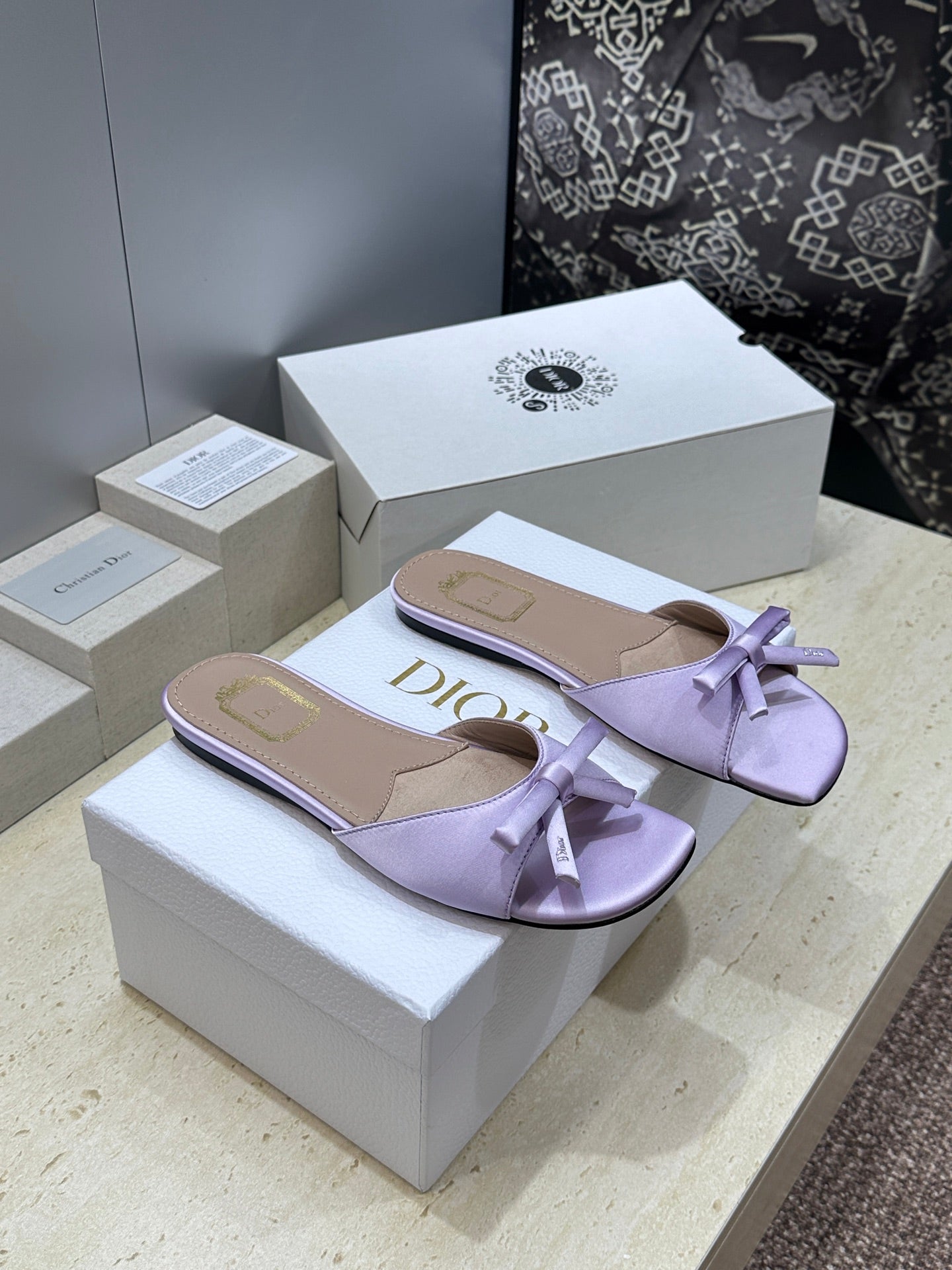 CD Dior Bow Slides Light Purple Satin 884664