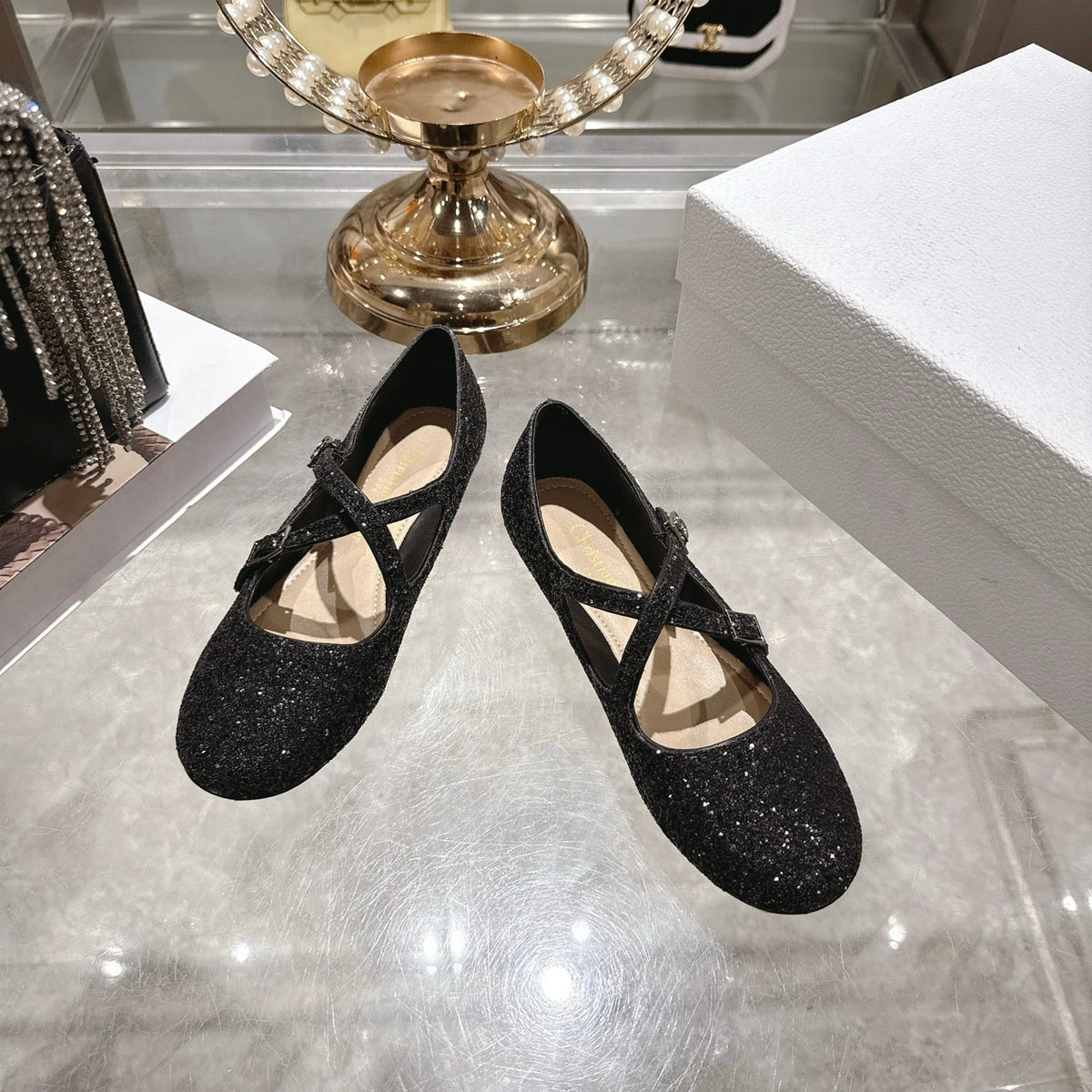 CD Very Ballet Flat Black Lambskin & Glitter 598163
