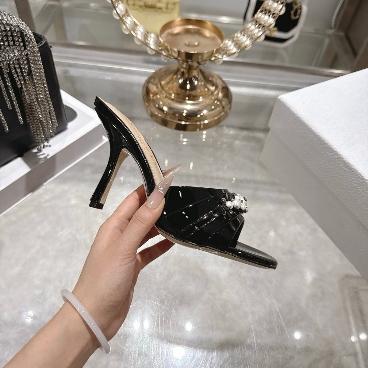 CD 26 High-Heeled Mules 85mm Pearl Black Patent Leather 592251